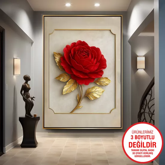 Gold Metal Çerçeveli Kırmızı Gül Kanvas Tablo