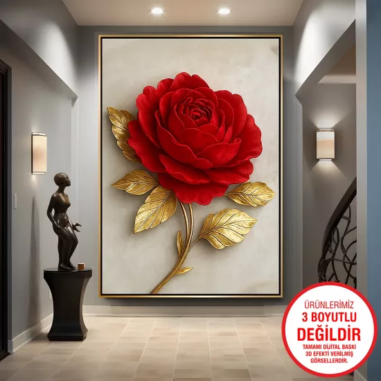 Gold Metal Çerçeveli Kırmızı Gül Kanvas Tablo