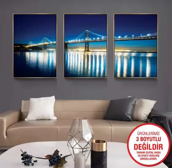 Gold Metal Çerçeveli Köprü 3’lü Kanvas Tablo