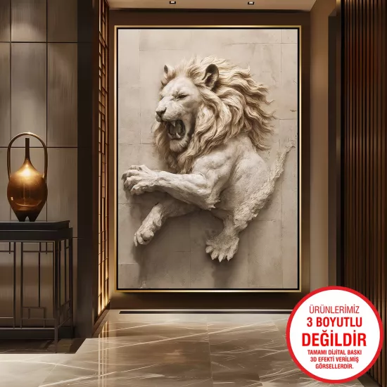 Gold Metal Çerçeveli Aslan Kanvas Tablo