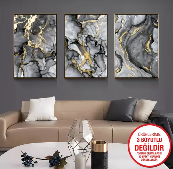 Gold Metal Çerçeveli Mermer 3’lü Kanvas Tablo