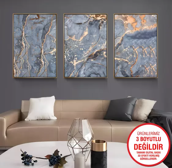 Gold Metal Çerçeveli Mermer 3’lü Kanvas Tablo