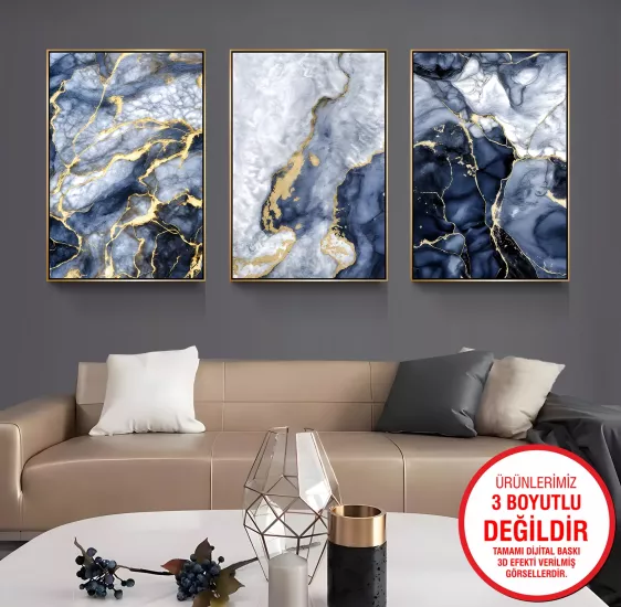 Gold Metal Çerçeveli Mermer 3’lü Kanvas Tablo