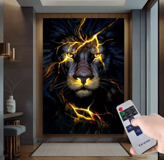 Led Işıklı Uzaktan Kumandalı Aslan Kanvas Tablo
