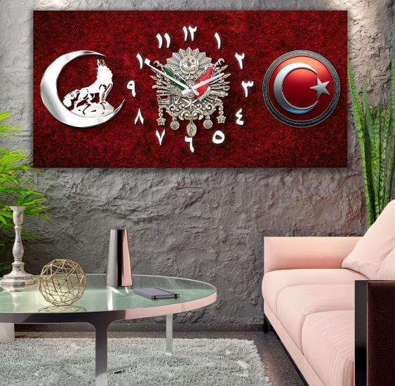 Saatli Osmanlı Tuğrası Panoramik Kanvas Tablo