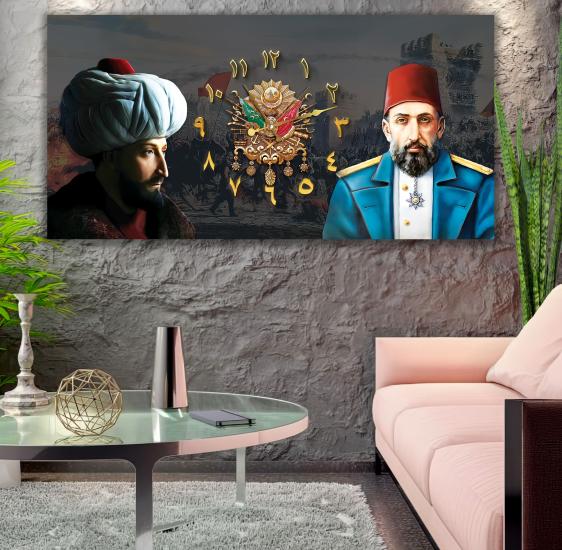 Saatli Osmanlı Tuğrası Panoramik Kanvas Tablo