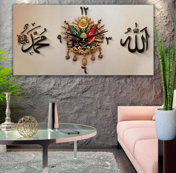 Saatli Osmanlı Tuğrası Panoramik Kanvas Tablo