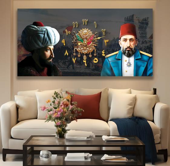 Saatli Osmanlı Tuğrası Panoramik Kanvas Tablo