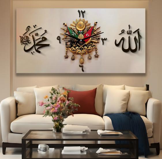 Saatli Osmanlı Tuğrası Panoramik Kanvas Tablo