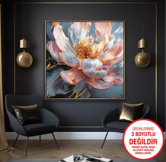 Gold Metal Çerçeveli Çiçek Kanvas Tablo