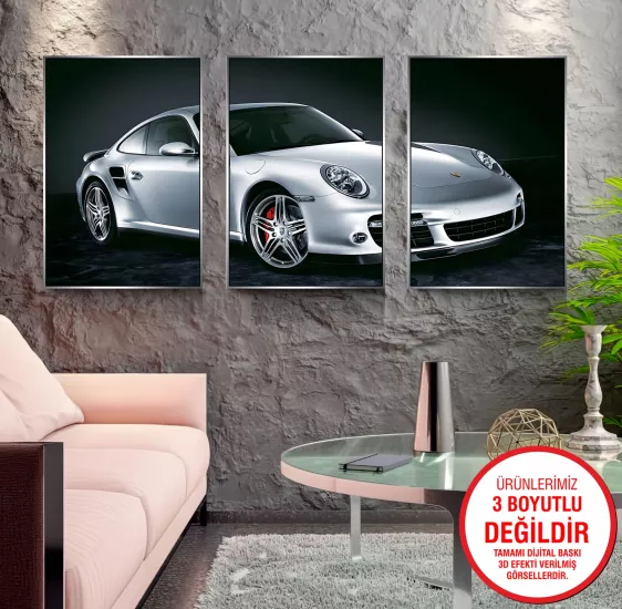 Gümüş Metal Çerçeveli Porsche 3’lü Kanvas Tablo