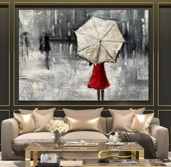 Şemsiyeli Kadın Kanvas Tablo