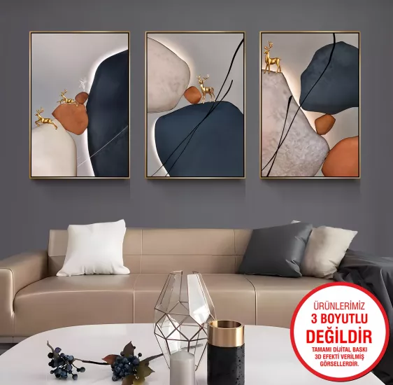 Gold Metal Çerçeveli Soyut 3’lü Kanvas Tablo