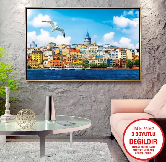 Gold Metal Çerçeveli Galata Kulesi Kanvas Tablo