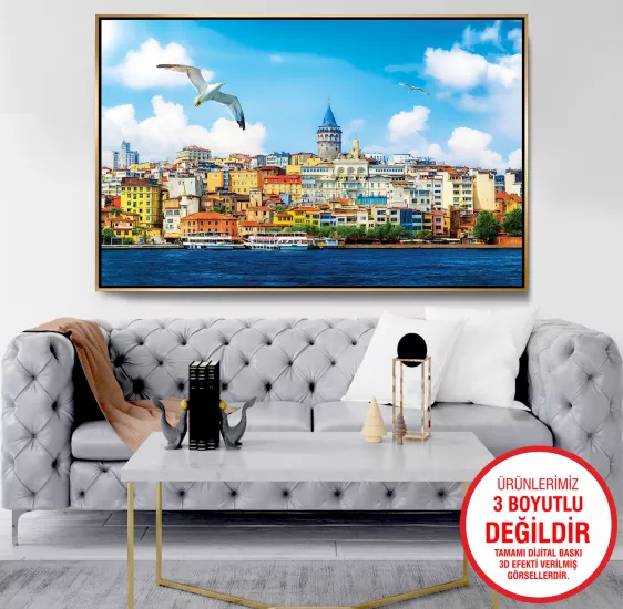 Gold Metal Çerçeveli Galata Kulesi Kanvas Tablo