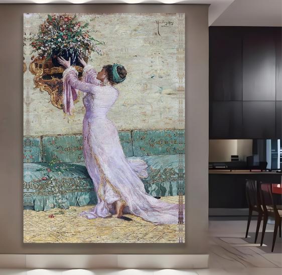 Vazo Yerleştiren Kadın Kanvas Tablo