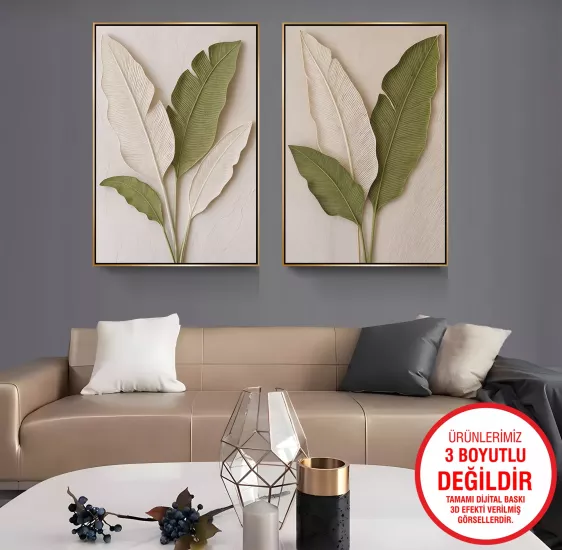 Gold Metal Çerçeveli Yapraklar 2’li Kanvas Tablo