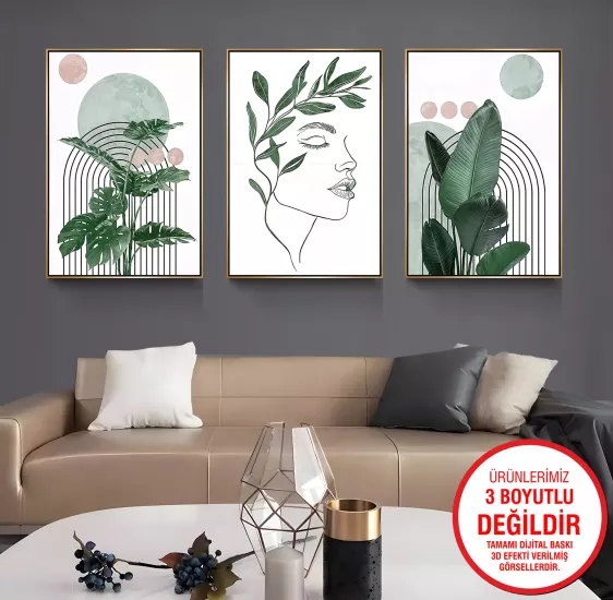 Gold Metal Çerçeveli Yapraklar 3’lü Kanvas Tablo