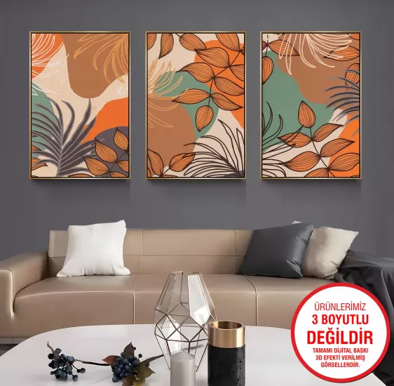 Gold Metal Çerçeveli Yapraklar 3’lü Kanvas Tablo