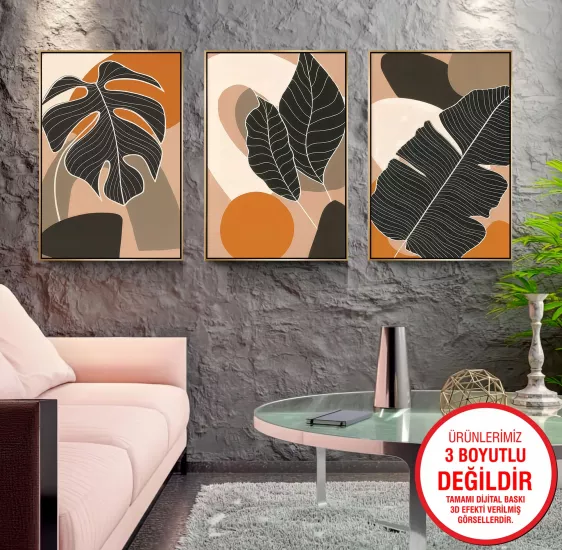 Gold Metal Çerçeveli Yapraklar 3’lü Kanvas Tablo