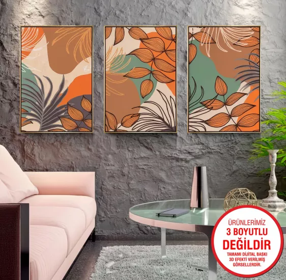 Gold Metal Çerçeveli Yapraklar 3’lü Kanvas Tablo