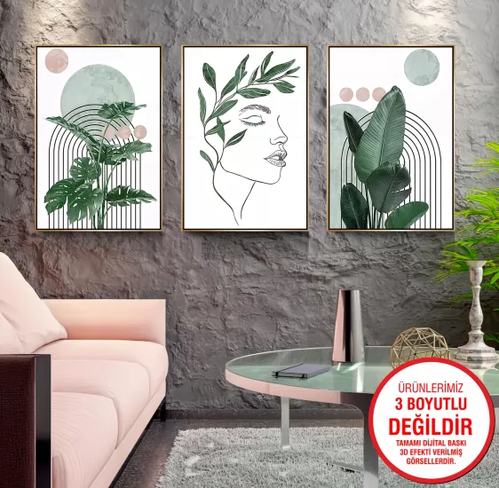 Gold Metal Çerçeveli Yapraklar 3’lü Kanvas Tablo