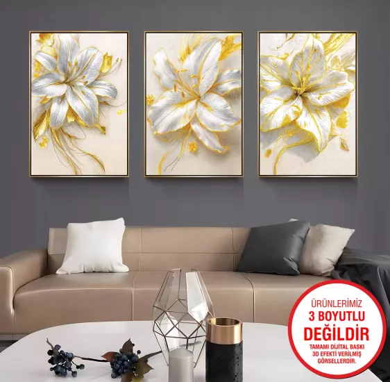 Gold Metal Çerçeveli Zambaklar 3’lü Kanvas Tablo