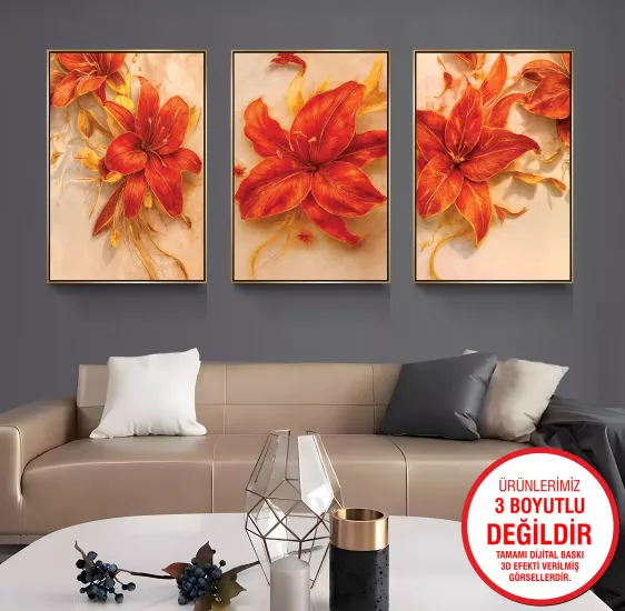 Gold Metal Çerçeveli Zambaklar 3’lü Kanvas Tablo