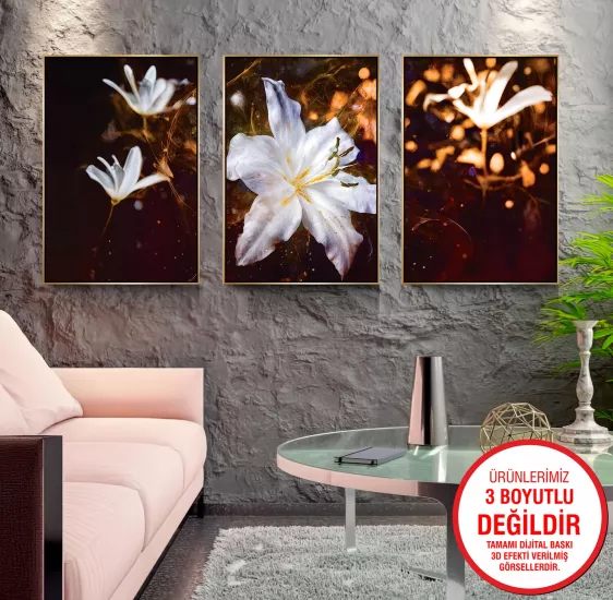 Gold Metal Çerçeveli Zambaklar 3’lü Kanvas Tablo