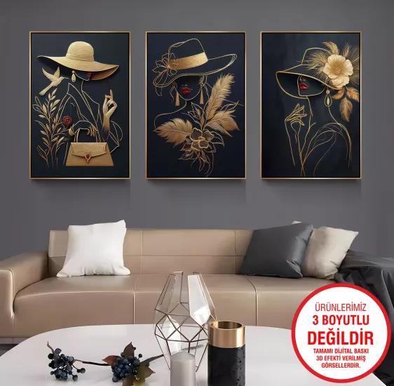 Gold Metal Çerçeveli Kadın 3’lü Kanvas Tablo Seti