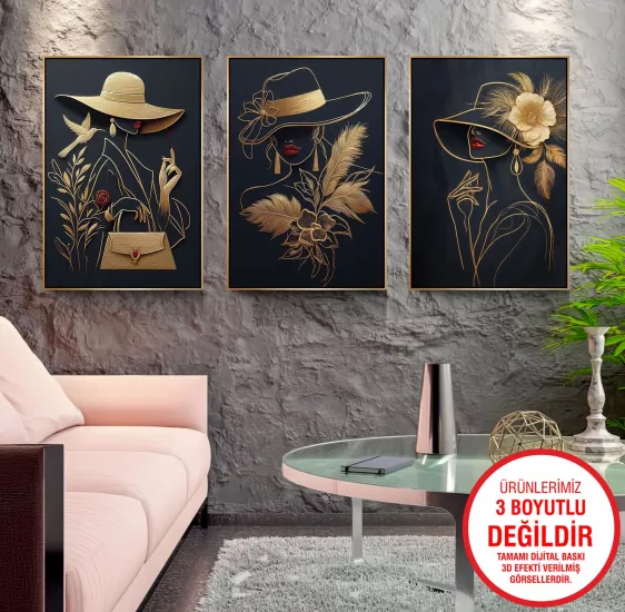 Gold Metal Çerçeveli Kadın 3’lü Kanvas Tablo Seti