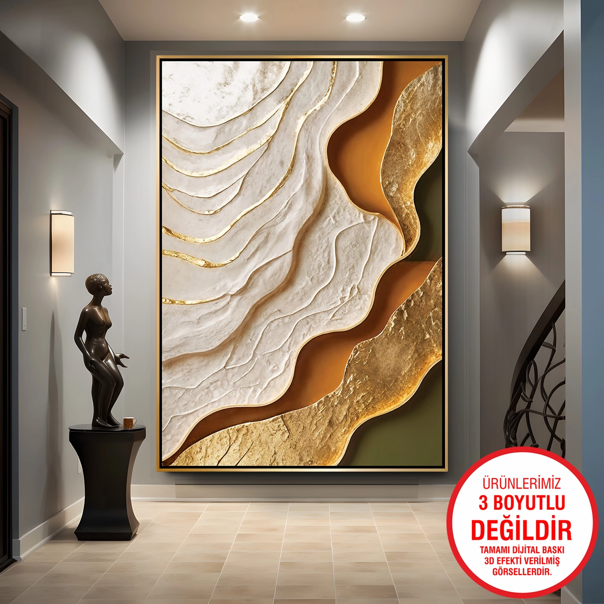 Gold%20Metal%20Çerçeveli%20Kabartma%20Görünümlü%20Soyut%20Desen%20Kanvas%20Tablo