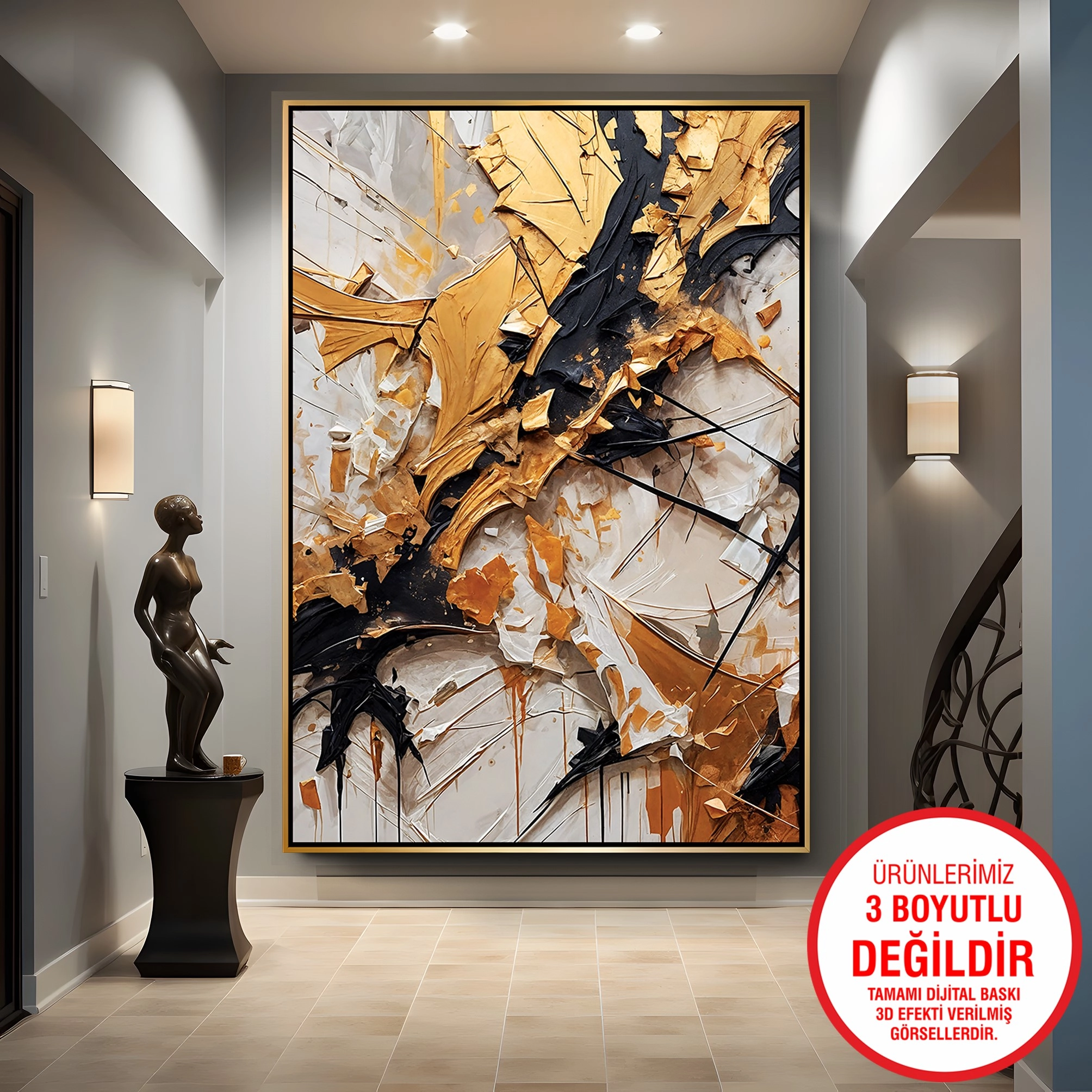 Gold%20Metal%20Çerçeveli%20Kabartma%20Görünümlü%20Soyut%20Desen%20Kanvas%20Tablo