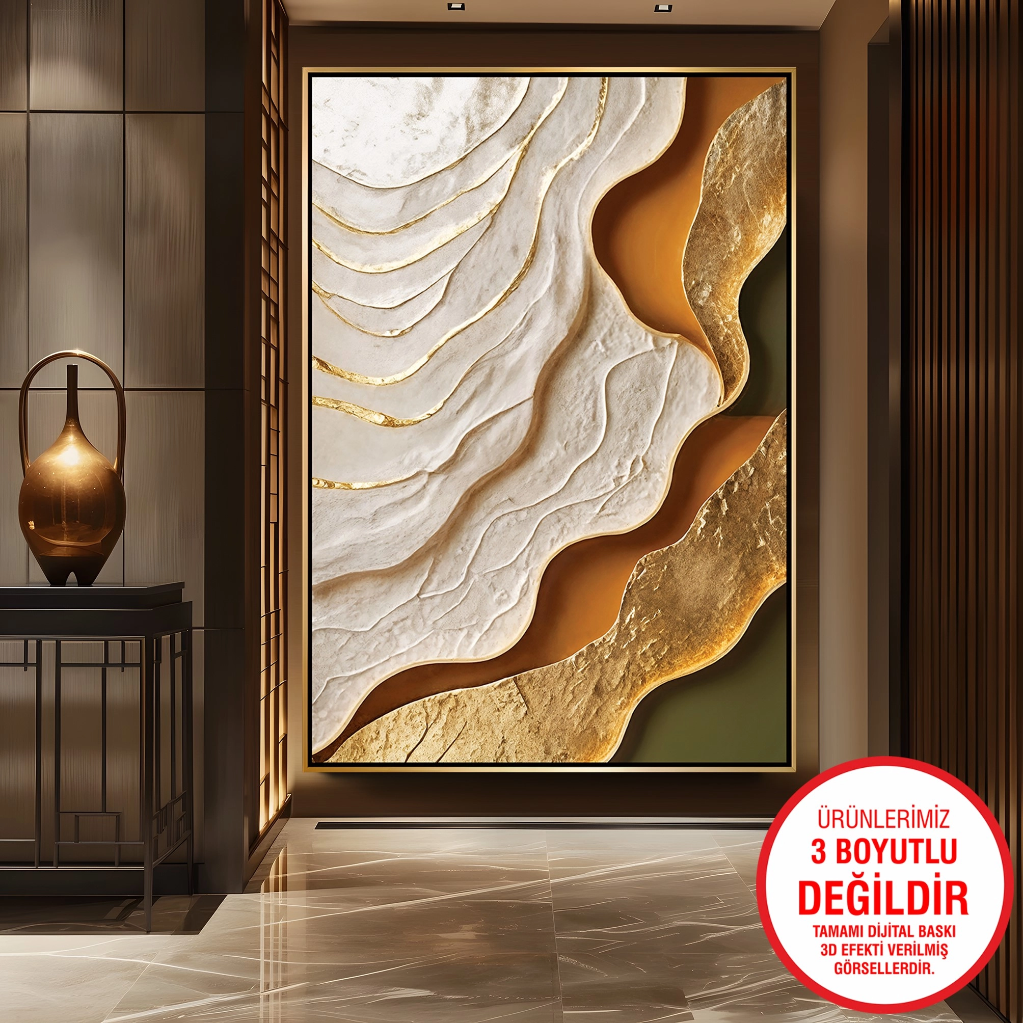 Gold%20Metal%20Çerçeveli%20Kabartma%20Görünümlü%20Soyut%20Desen%20Kanvas%20Tablo