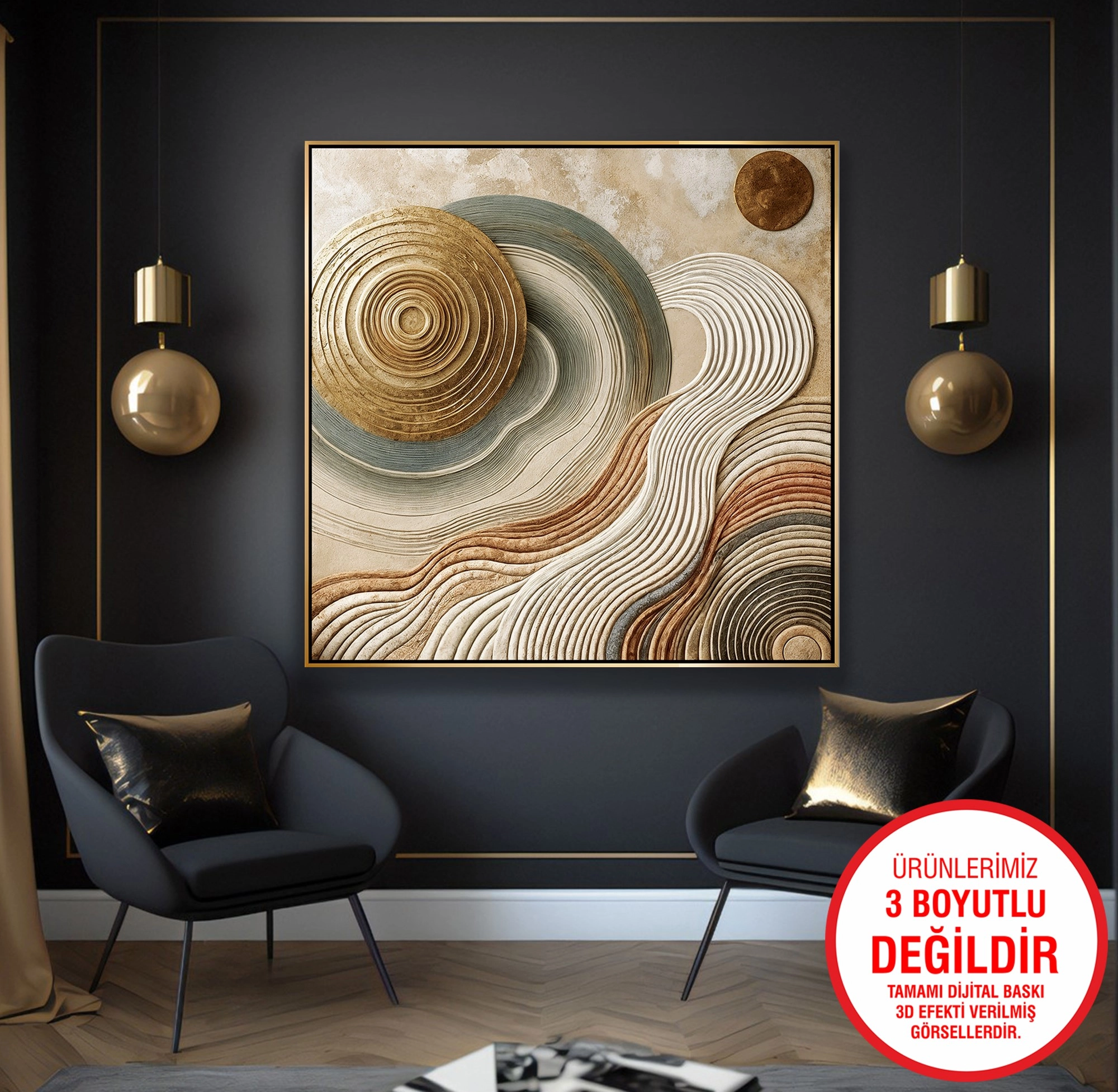 Gold%20Metal%20Çerçeveli%20Kabartma%20Görünümlü%20Soyut%20Desen%20Kanvas%20Tablo