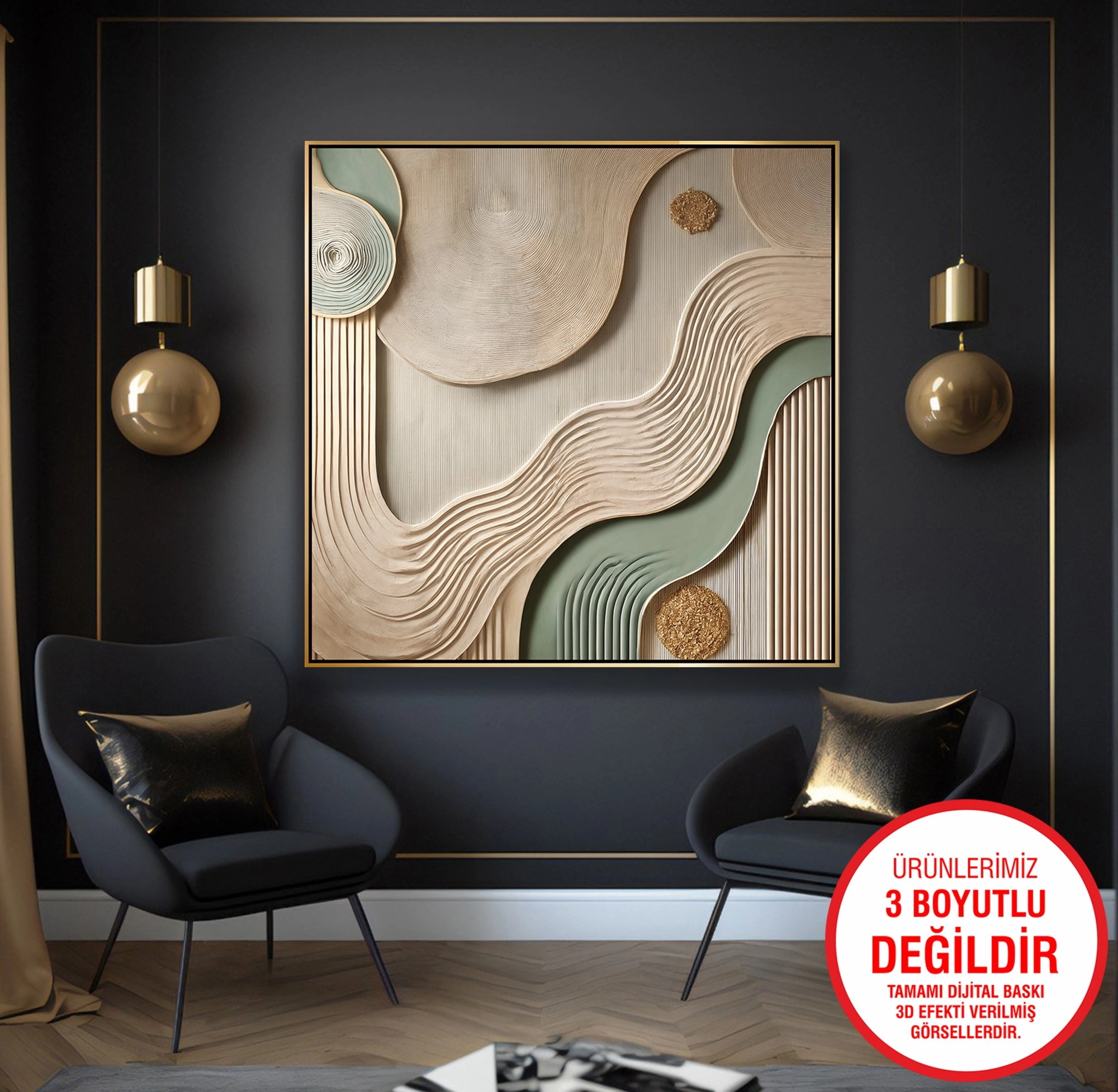 Gold%20Metal%20Çerçeveli%20Kabartma%20Görünümlü%20Soyut%20Desen%20Kanvas%20Tablo