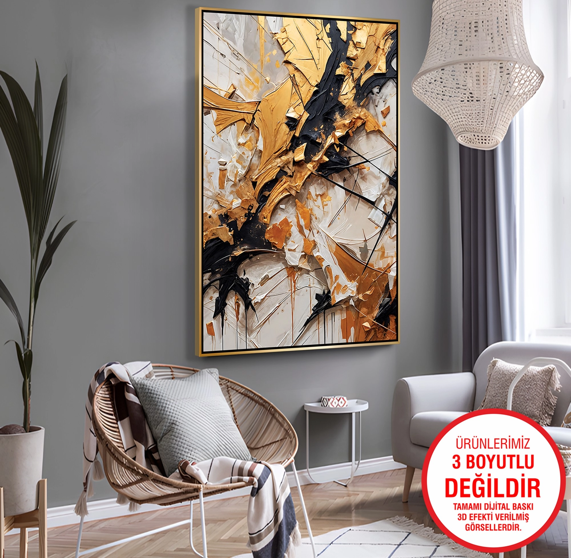 Gold%20Metal%20Çerçeveli%20Kabartma%20Görünümlü%20Soyut%20Desen%20Kanvas%20Tablo