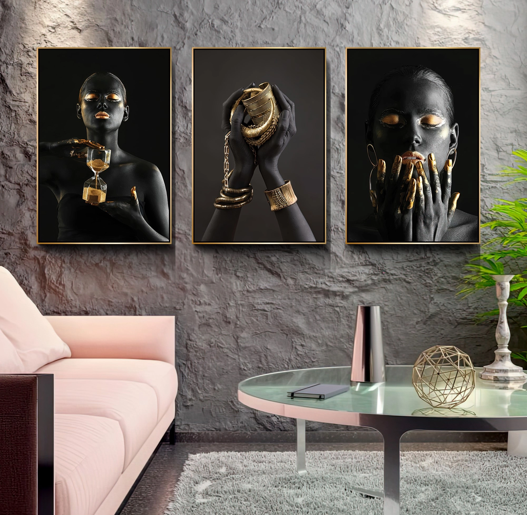 Gold%20Metal%20Çerçeveli%20Afrikalı%20Kadınlar%203’lü%20Kanvas%20Tablo%20Seti